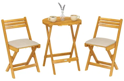 Produktbild von Balkonmöbel Set 3 teilig Holz klappbar Gartenmöbel Set mit runder Tisch 2 Stühle Sitzkissen Atmungsaktiv Lamellsitz