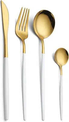 Produktbild von Goldfarbenes Silberbesteck-Set, mattes Besteckset aus Edelstahl 304, flaches Besteckset mit Griffen, Gabeln, Messern und Löffeln, satiniertes Geschirrset für Zuhause und Restaurant, spülmaschinenfest