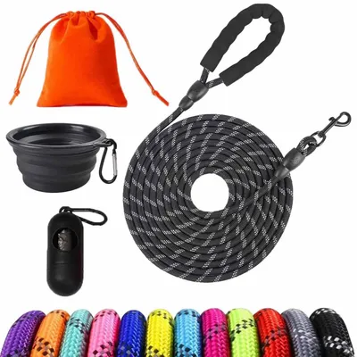 Image de Laisse de sécurité pour chiens, 3 mètres de long, 8 mm de largeur, de couleur noire, avec mousqueton et accessoires
