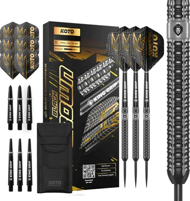 Produktbild von KOTO - Black Crown 90% Darts 25 G, Schwarz & Silber, Dartpfeile, Darts Set inkl. 3 Barrels, Flights + Shafts & Dartwallet, Fester Ringgrip