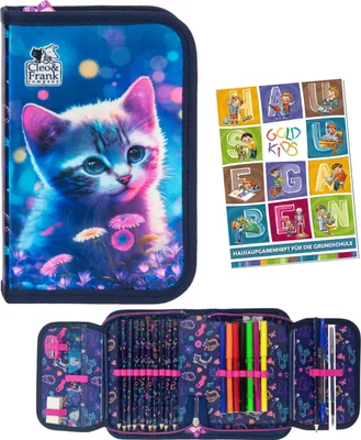 Produktbild von Federmäppchen 1 Fächer Mäppchen für Mädchen und Jungen Federmappe Federtasche Gefüllte Schüleretui 24-teilig Schulmäppchen Hausaufgabenheft Katze
