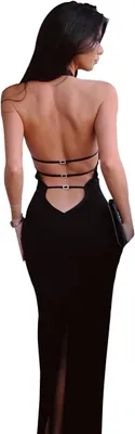 Productafbeelding van Dames bodycon maxi-jurk, mouwloos en rugvrij met halternek en hoge zijsplit, zwart