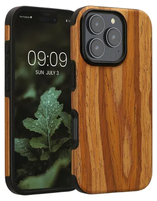 Immagine prodotto di Custodia per Apple iPhone 16 Pro di kwmobile - Custodia protettiva in TPU flessibile con vera venatura del legno, effetto vintage, color marrone