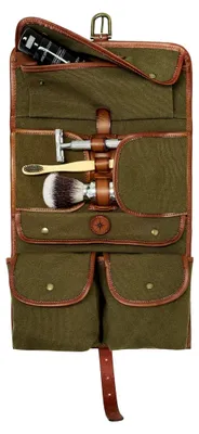 Produktbild von Kulturbeutel 'Sid' zum Aufhängen, Herren, Damen, Faltbare rollbare Kulturtasche, Canvas, Leder, wasserabweisend - Oliv-Grün, DR00176