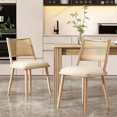 Produktbild von Flieks Rattan Esszimmerstühle 2er Set, Esstischstühle Küchenstühle mit Metallbeinen, Gartenstuhl Freizeitstuhl Wohnzimmerstuhl, PU, Beige