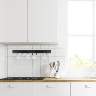 Obrázek produktu pro Kuchyňská lišta s háčky, 40 cm, matná černá, hliník, 7 háčků