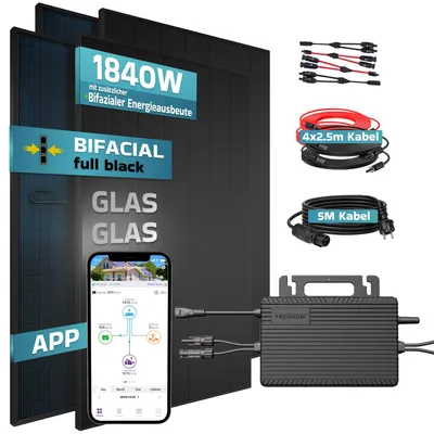 Produktbild von SUNNIVA 1840W Balkonkraftwerk BIFAZIAL FULLBLACK komplett Steckdose VAYSUNIC VM800WE-BE-P2 800W Wechselrichter, Solaranlage 4x460W Glas Solarmodule