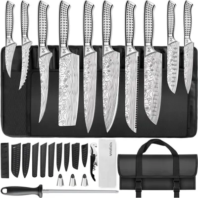 Produktbild von Küchenmesser Set 17-teilig mit Tasche & Wetzstahl | Edelstahl | Kochmesser, Santoku, Brotmesser, Tranchiermesser, Nakiri, Ausbeinmesser, Universalmesser, Tomoto, Schälmesser, Messerschärfstab, Fingerschutz, Messerscheide