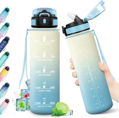 Produktbild von Trinkflasche, 1 Liter, mit Strohhalm, wiederverwendbare Wasserflasche, BPA-frei, mit Motivationsmarkierungen für die Zeitangabe, auslaufsicher, ideal für Sport, Schule und unterwegs