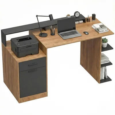 Obrázek produktu pro Počítačový stůl HOMCOM, psací stůl s držákem na monitor, úložný prostor, dub