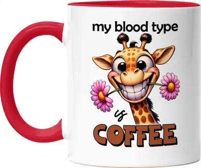 Produktbild von My blood type is coffee Tasse Rot lustiger Spruch Kaffee Blutgruppe Giraffe