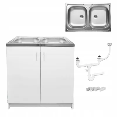 A white sink cabinet with a double stainless steel sink and plumbing accessories on a white background.