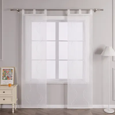 Produktbild von Joyswahl Schiebegardinen mit Schlaufen Flächenvorhänge Schiebevorhang mit Wellenperlenmuster Stickerei Transparent Weiß BxH 57x225cm