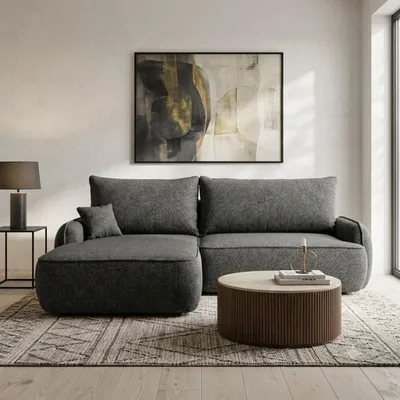 Produktbild von Ecksofa OVELLA L-Form mit Schlaffunktion, DL-Automat und Bettkasten – moderne Schlafcouch mit Stauraum für Wohnzimmer Eckcouch Dunkelgrau Links