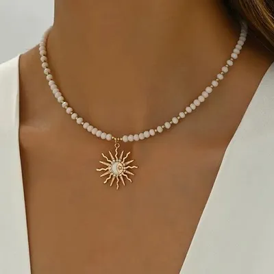 Produktbild von GKA Halskette Sonne Anhänger mit Schmuck Perlen Kette Damen weiße Perlen Perlenkette