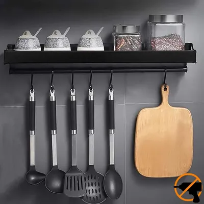 Imagen del producto de Estante de aluminio mate para pared, con 6 ganchos, ideal para la cocina y el baño