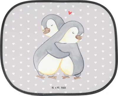 Produktbild von Mr. & Mrs. Panda Sonnenschutz Auto Pinguine Kuscheln - Grau Pastell - Geschenk, Fürs, Freund, für Frauen, Partner, Freundin, hitzeschutz, autofenster, Hochzeitstag