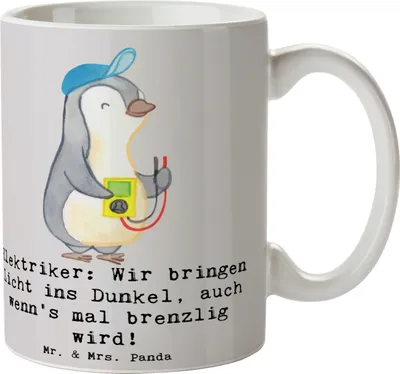 Produktbild von Mr. & Mrs. Panda Tasse Elektriker Lichtbringer - Grau Pastell - Geschenk, Geschenke mit Herz, Dekotasse, Beruf, Berufsalltag, Pott, Geschenktasse, Kaffeetasse, Handwerk