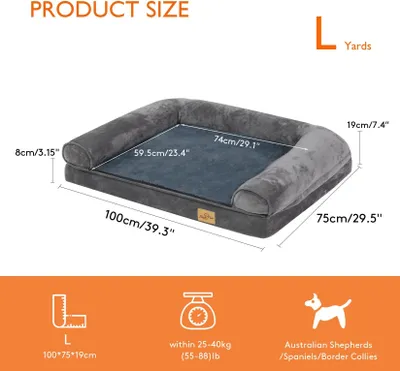 Produktbild von Hundebett Sofa L - Hundesofa mit Rand - Dicke Schaumstoffbasis - Abnehmbarer waschbarer Bezug - Wasserabweisendes 600D Oxford - Grau