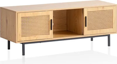 Produktbild von Lowboard Eiche-Nachbildung mit Wiener Geflecht 120x45,5x40 cm TV-Kommode Zeitlos mit Schiebe-Türen, Design TV-Schrank Hoch, Fernsehtisch Fernsehschrank, Fernsehkommode Wohnzimmer Rattan
