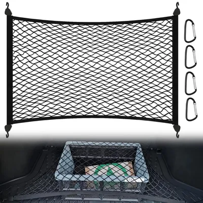Immagine prodotto di Rete portabagagli auto - Rete elastica per bagagliaio - 80 x 60 cm - Allungabile fino a 160 x 120 cm - Con 4 moschettoni - Nera