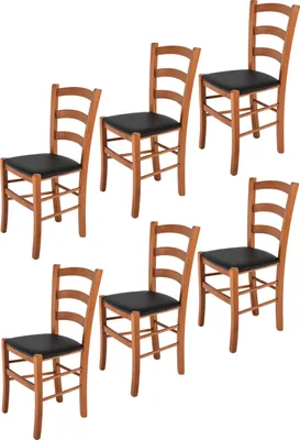 Produktbild von t m c s Tommychairs - 6er Set Stühle VENICE für Küche und Esszimmer, robuste Struktur aus lackiertem Buchenholz im Farbton Kirschholz und gepolsterte Sitzfläche mit KUNSTLEDER in der Farbe Schwarz bezogen