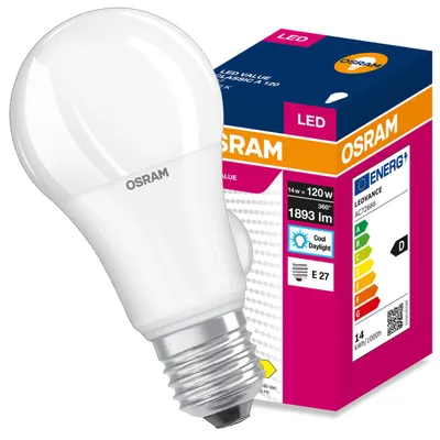 Obrázek produktu pro LED žárovka E27, model A60, 14 W, ekvivalent 120 W, 1893 lm, 6500 K (studená bílá), úhel svícení 180°, řada VALUE CLASSIC, výrobce Osram, Obrázek vytvořený pomocí AI