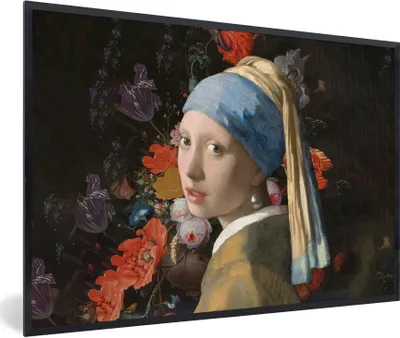 Produktbild von MuchoWow® Gerahmtes Poster Das Mädchen mit dem Perlenohrring - Vermeer - Blumen 90x60 cm - Poster mit Schwarzem Bilderrahmen Wandposter Rahmen Foto Bilder - Fotorahmen - Foto-Plakat