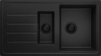 A top-down view of a black granite kitchen sink with two basins and a drainboard.
