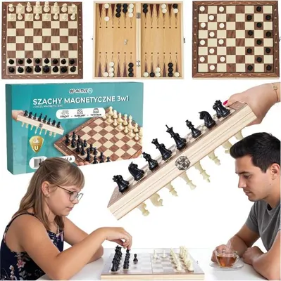 Image de Jeu d'échecs 3 en 1 Jeu d'échecs magnétique en bois 34 cm pour 2 personnes pour enfants et adultes