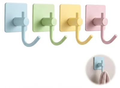 Produktbild von Klebehaken 4er Set - J-Form Wandhaken ohne Bohren - Für Kindergarderobe und Kinderzimmer - Babyblau, Grün, Gelb, Rosa