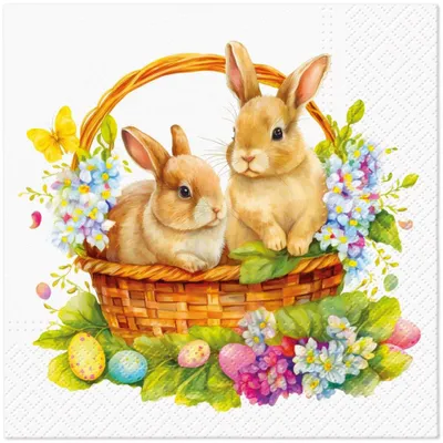 Produktbild von 20 Servietten Bunnies in Basket - Zwei Hasen im Korb 33x33cm