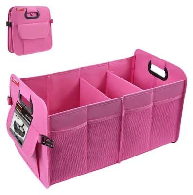 Image de Organisateur de coffre 55L, pliable, en tissu Oxford rose, avec plusieurs compartiments et base antidérapante