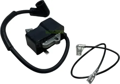 A black ignition coil with a wire and spark plug boot is shown against a white background.