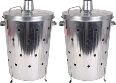 Two galvanized metal burn barrels with lids and handles, shown from the front.