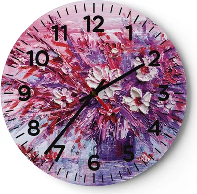 Produktbild von Wanduhr - Rund - Glasuhr - Pastos Blumen Rosa - 30x30cm - Schleichendes Uhrwerk - Lautlos - zum Aufhängen bereit - Dekoration Modern - Wanddekoration aus Glas - C4AR30x30-4530