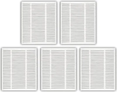 A top-down view of five white air filters arranged in a grid pattern on a white background.