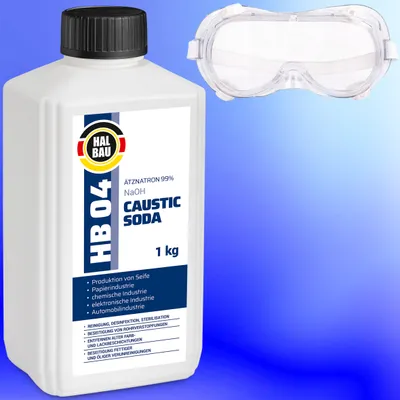 Produktbild von Rohrreiniger Ätzsoda Ölfarbentferner 1kg Flasche kaustisches Soda Natronlauge + Schutzbrille Arbeitskomfort Set HB04