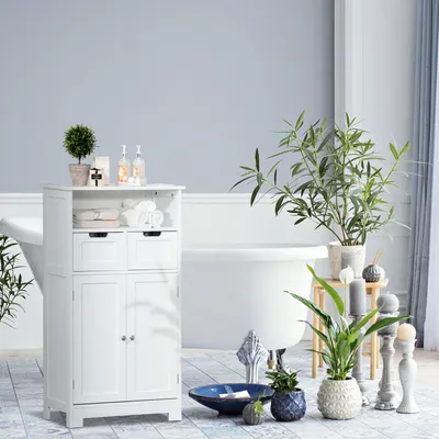 Imagen del producto de Armario de baño Sweiko, mueble de baño, cómoda de baño con 2 cajones, armario con 1 puerta, estante ajustable, MDF, 60 x 30 x 108,8 cm, blanco