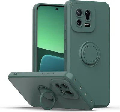 A dark green phone case with a ring holder is shown from multiple angles against a white background.