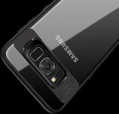 Close-up of the back of a black smartphone case, showing the camera module and branding.