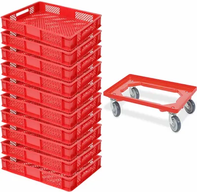 Produktbild von 10x Bäckerkiste  / Euroboxen, LxBxH 600x400x90 mm, rot + Transportroller