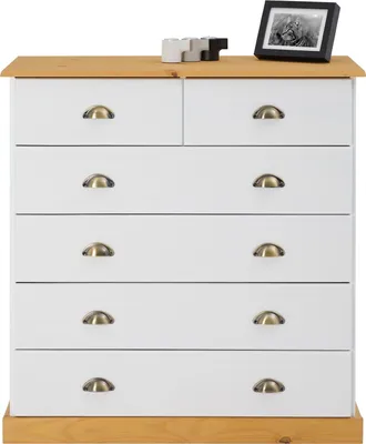 Produktbild von Kommode PARIS aus Massivholz, Weiß/Braun - Apothekerkommode aus Kiefernholz mit 6 Schubladen, Landhausstil mit Muschelgriffen, Schubladenschrank ideal für Schlafzimmer oder Eingangsbereich