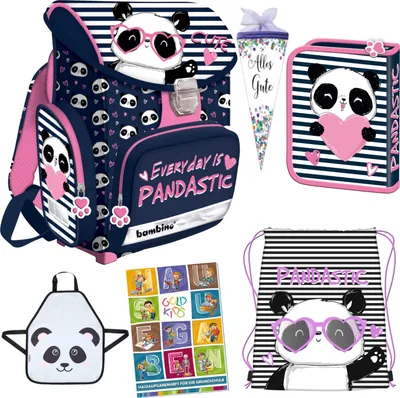 Produktbild von Lovely Panda 6er Set Schulranzen Ranzen Tornister Federmappe Turnbeutel Turnsack Zuckertüte Schürze Aufgabenheft für die Grundschule. Geeignet ab der ersten Klasse