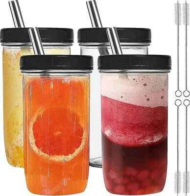 Produktbild von Famanu Trinkbecher mit Deckel und Strohhalm - 4 Stück, 710 ml, Schwarz