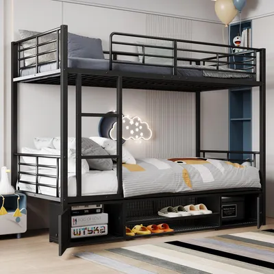 Image de Lit superposé Abrihome en fer - 90 x 200 cm avec barrière de sécurité et armoire à double porte, meuble à chaussures ouvert et échelle latérale, noir