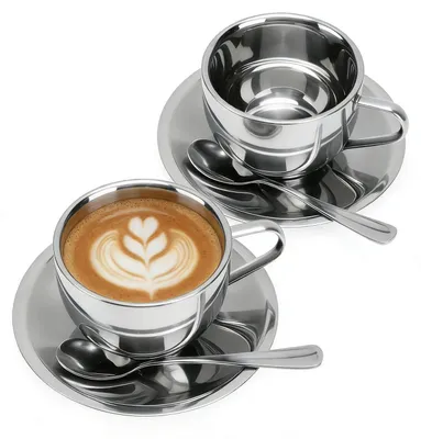 Produktbild von Edelstahl Kaffeetassen Set 2 Stück 180ml Doppelwandig Isolierbecher mit Löffel und Untertasse