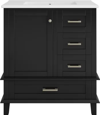 Produktbild von Merax Waschtischunterschrank mit Keramikbecken, Bodenstehender Badezimmerschrank mit 3 Schubladen, Türen mit Einlegeböden, 76x46x83,5cm, Schwarz