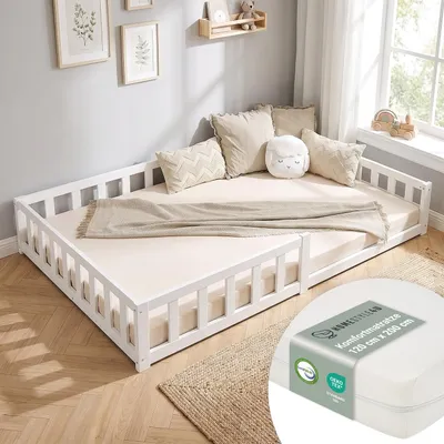 Produktbild von Homestyle4u Kinderbett 120x200 mit Lattenrost und Matratze mit ® Standard 100 mit Rausfallschutz Weiß 120x200 Bodenbett Montessori