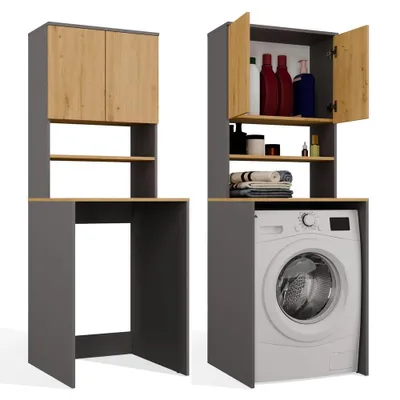 Produktbild von POLA MULTI Badezimmerschrank über der Waschmaschine, Säulenregal, Anthrazit-Eiche, Artisan